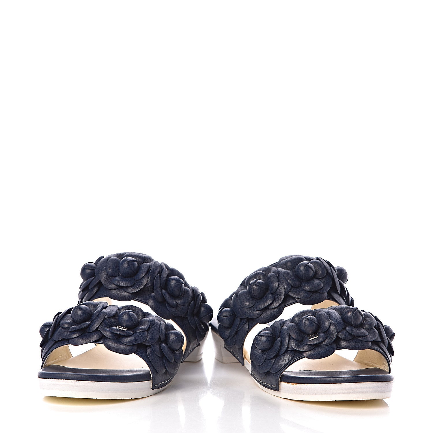 Chanel Lambskin Camellia Sandals 37 Navy Blue 6 of 15