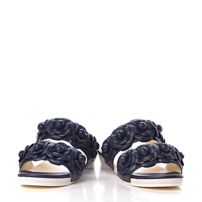 Chanel Lambskin Camellia Sandals 37 Navy Blue 6 of 15