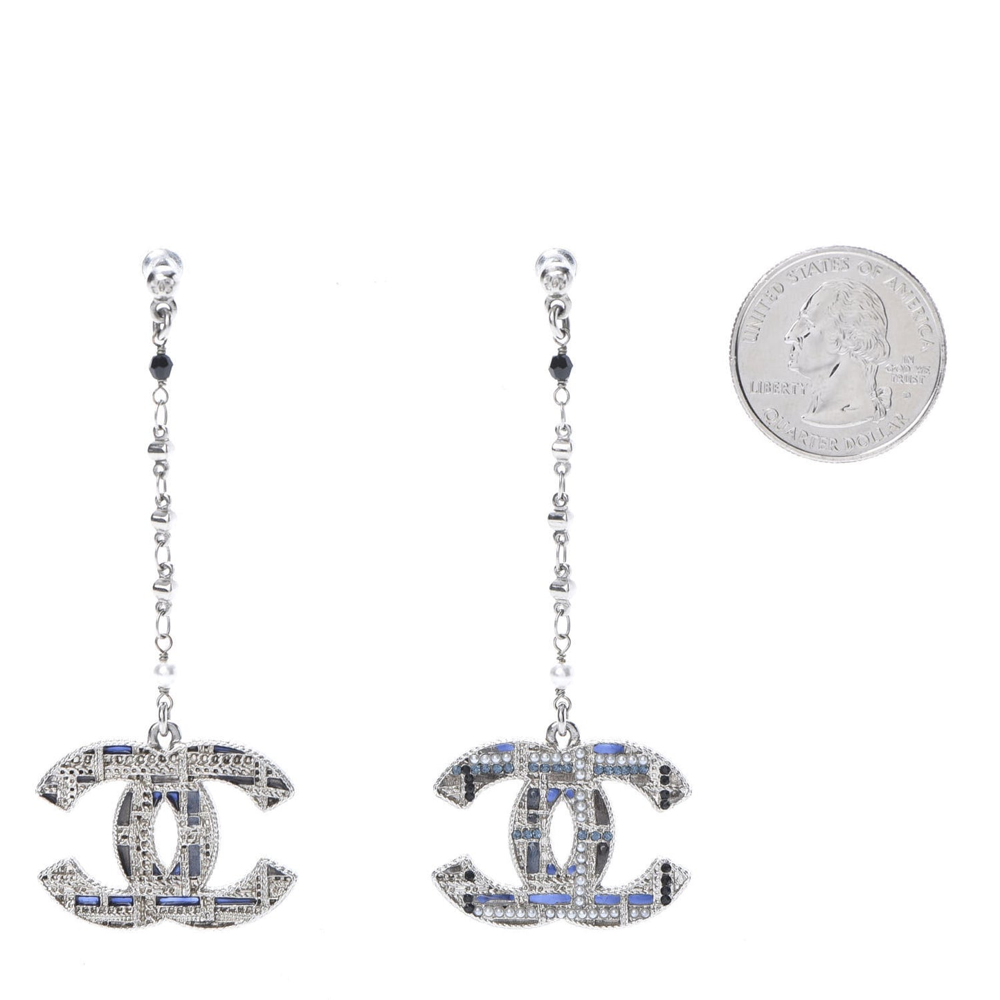 Pearl Crystal CC Tweed Drop Earrings Silver Blue Black