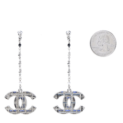 Chanel Pearl Crystal CC Tweed Drop Earrings Silver Blue Black 2 of 4