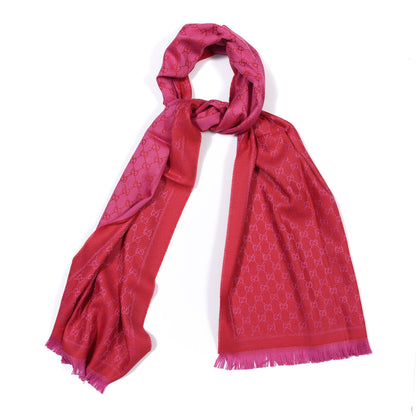 Gucci Wool Jacquard GG Monogram Reversible New Sten Fringe Scarf Red Pink 1 of 5