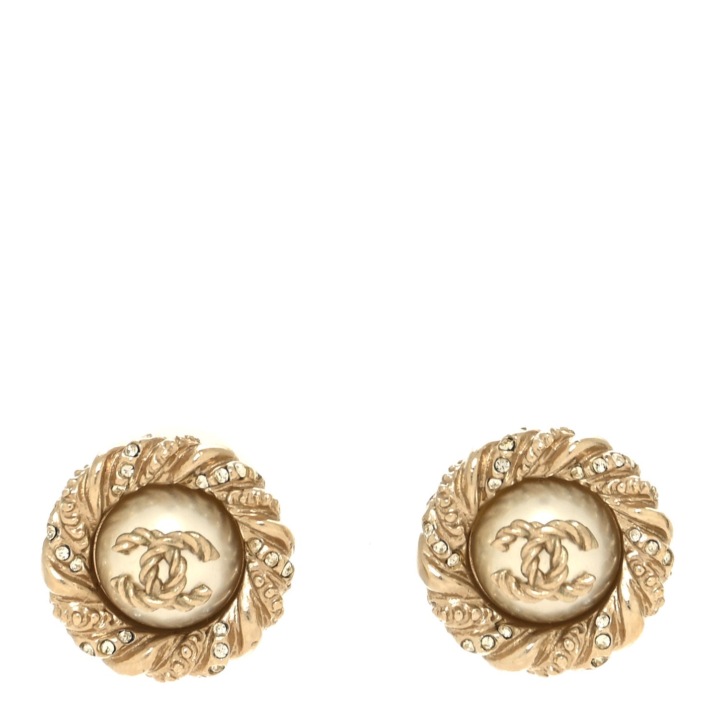 Pearl Crystal Twisted CC Round Earrings Gold
