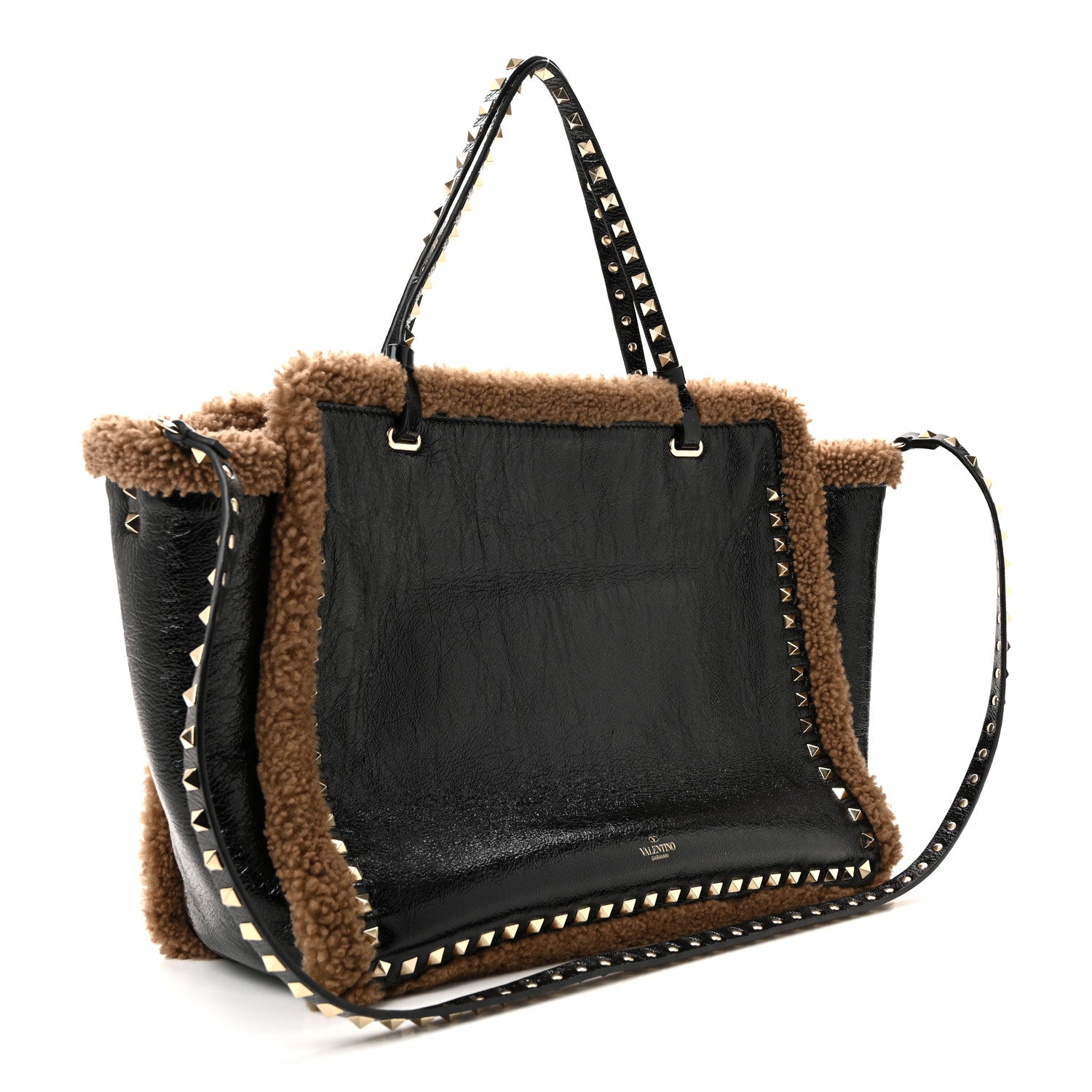 Valentino Garavani Textured Patent Calfskin Shearling Medium Rockstud Tote Black 3 of 11