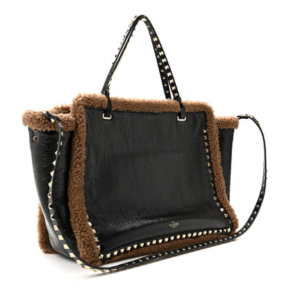 Valentino Garavani Textured Patent Calfskin Shearling Medium Rockstud Tote Black 3 of 11