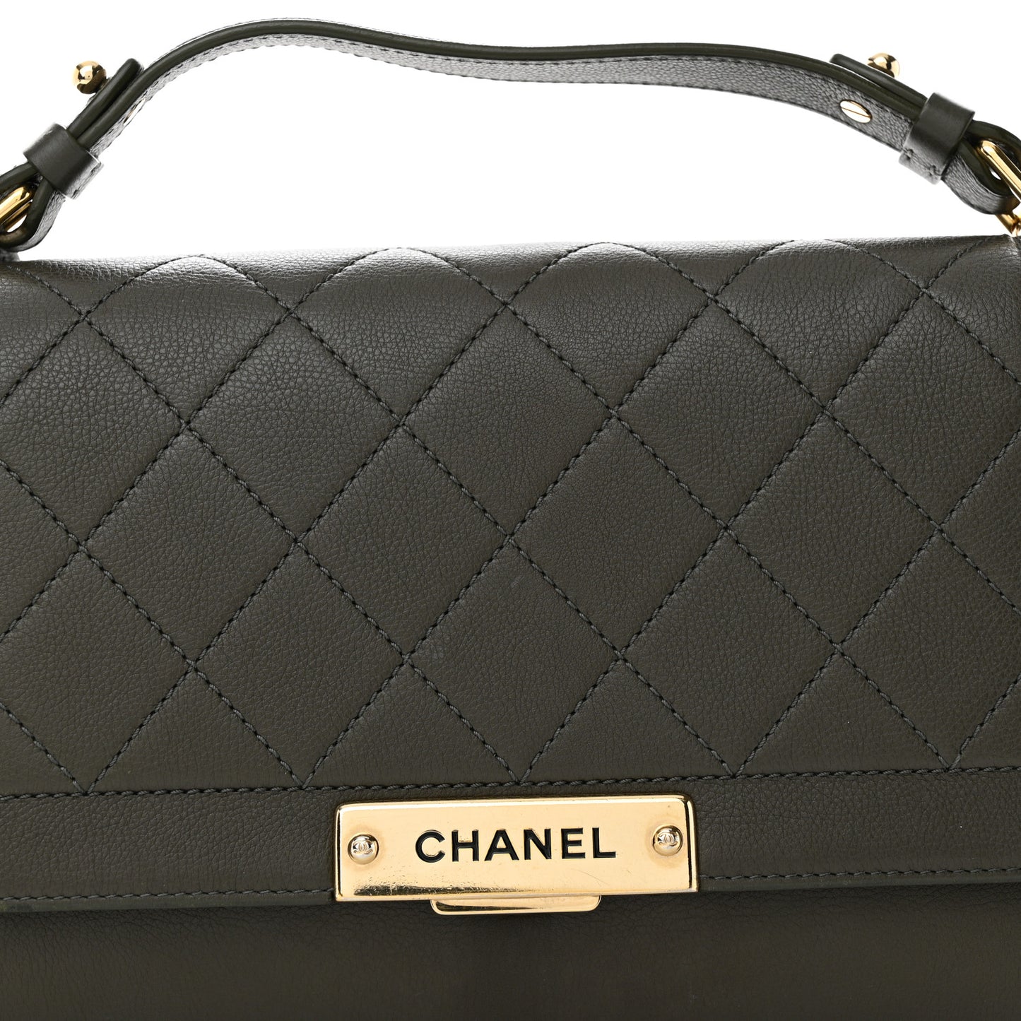 Grained Calfskin Quilted Medium Label Click Flap Bag Khaki