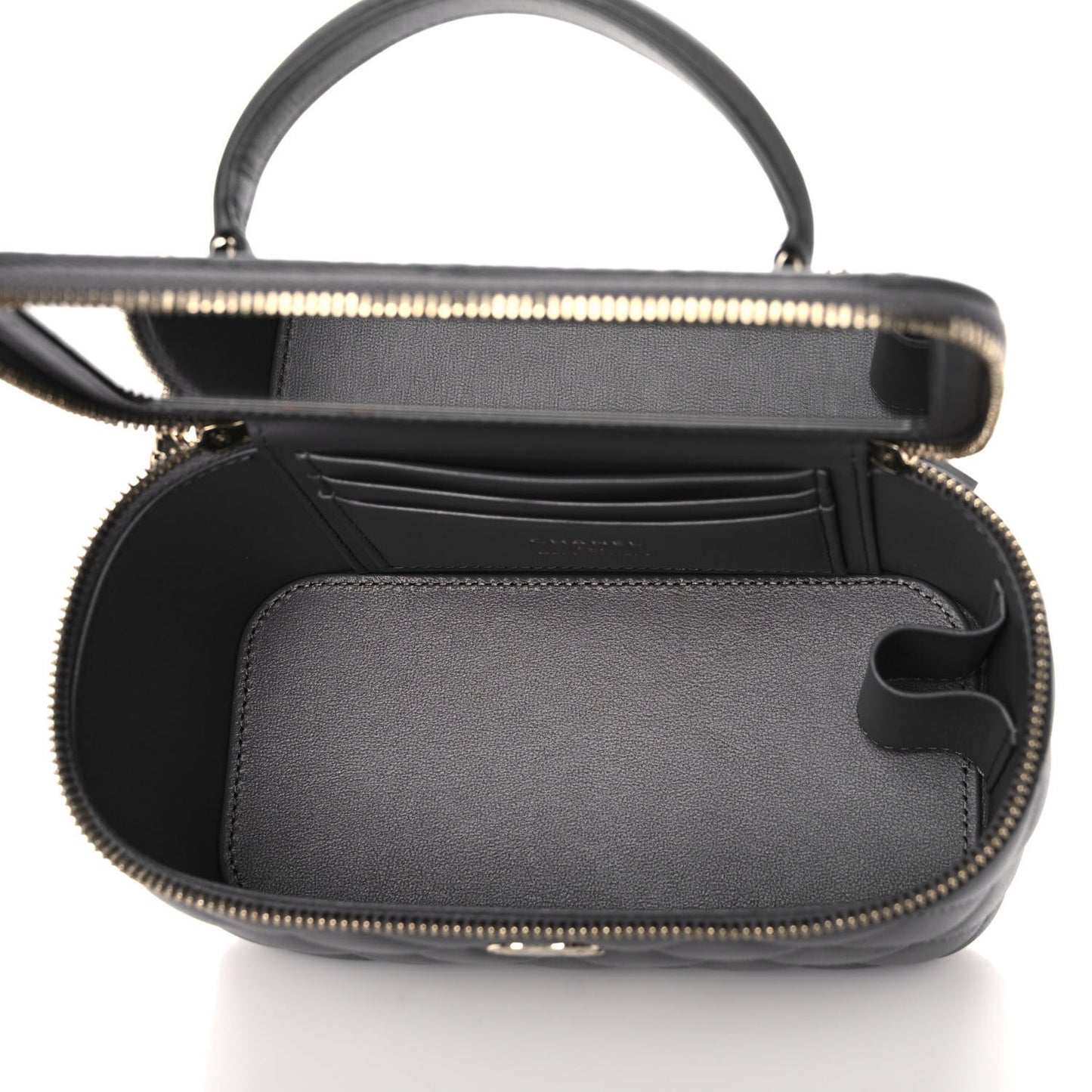 Lambskin Quilted Small Top Handle Vanity Case With Chain Dark Grey