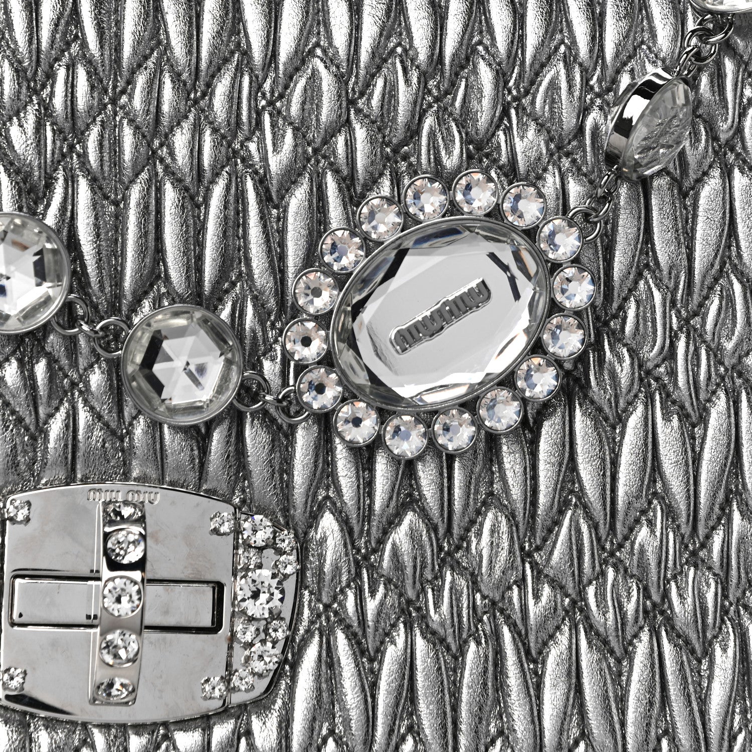 Miu Miu Nappa Matelasse Crystal Flap Clutch Cromo 9 of 12