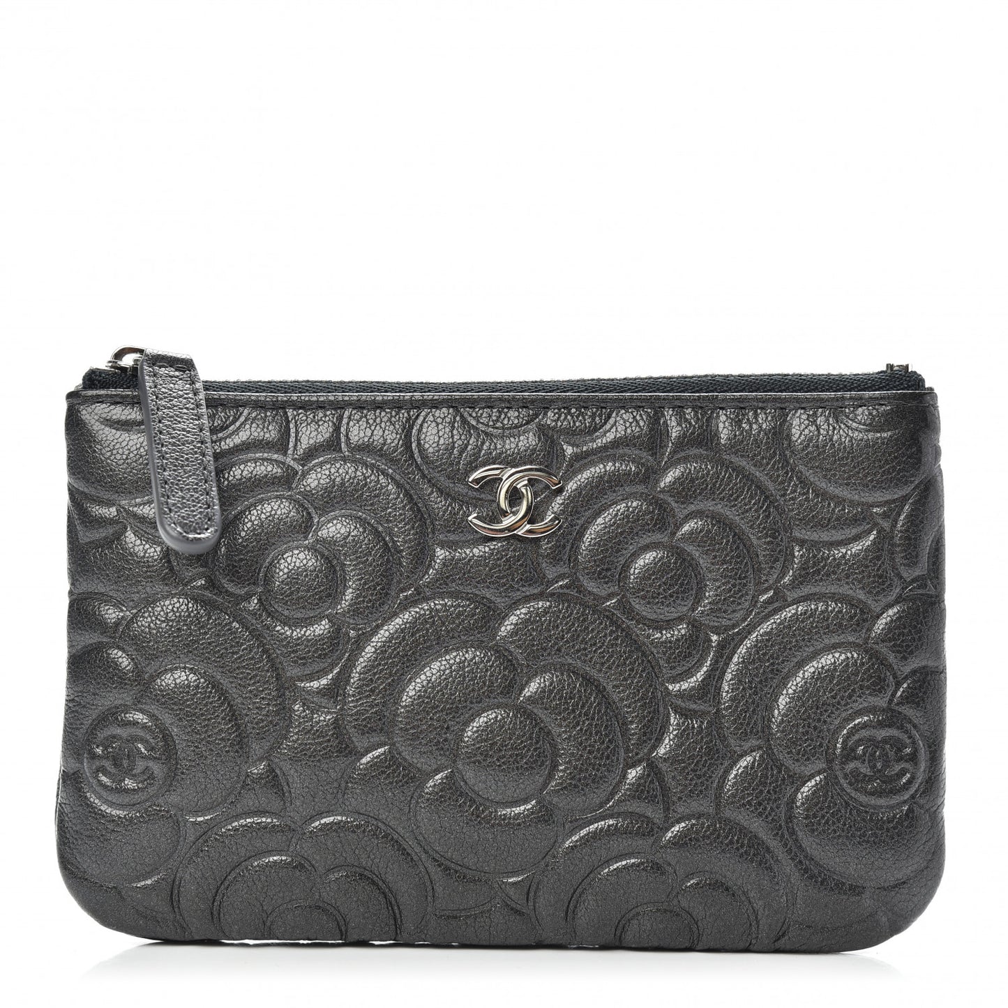 Goatskin Camellia Embossed Cosmetic Pouch Anthracite