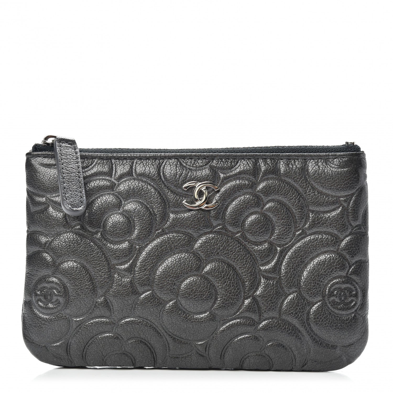 Chanel Goatskin Camellia Embossed Cosmetic Pouch Anthracite 1 of 8