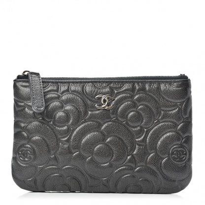 Chanel Goatskin Camellia Embossed Cosmetic Pouch Anthracite 1 of 8