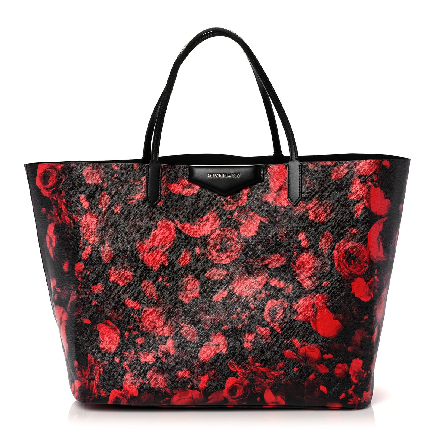 Textured Coated Canvas Floral Print Large Antigona Tote Black Red