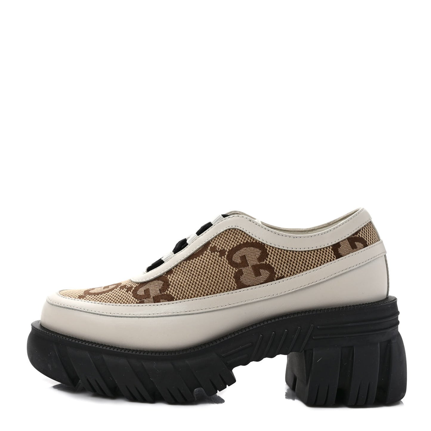 Quebec Calfskin Monogram Jumbo GG Lace Up Platform Loafers 35.5 Mystic White Camel Ebony