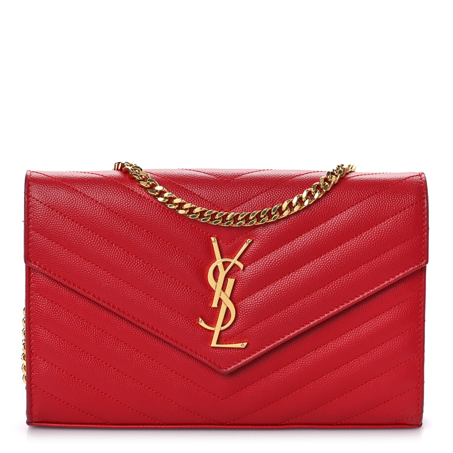 Saint Laurent Grain De Poudre Matelasse Chevron Monogram Chain Wallet New Red 1 of 9