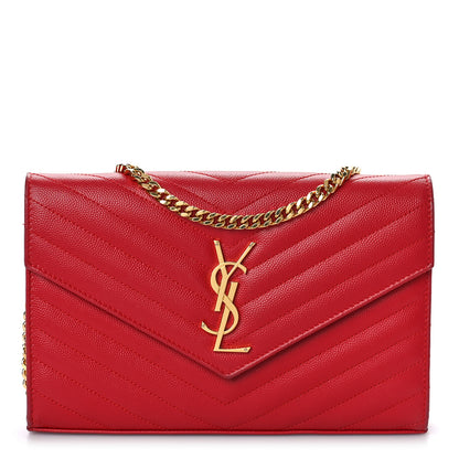 Saint Laurent Grain De Poudre Matelasse Chevron Monogram Chain Wallet New Red 1 of 9