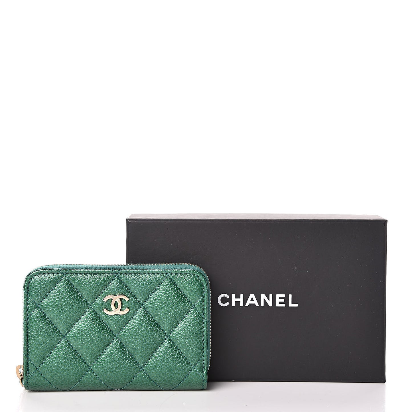 Metallic Caviar Quilted Zip Coin Purse Green