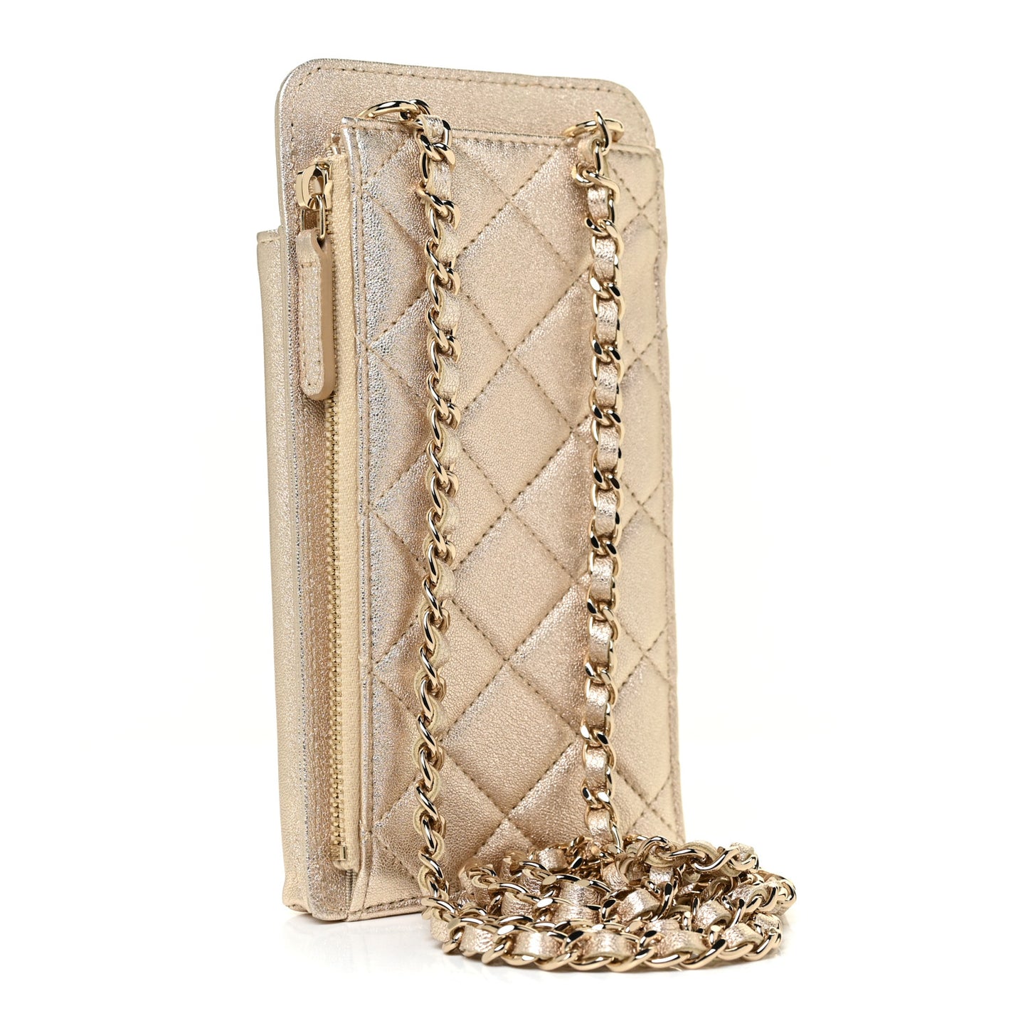 Metallic Lambskin Quilted Zip Phone Case Gold