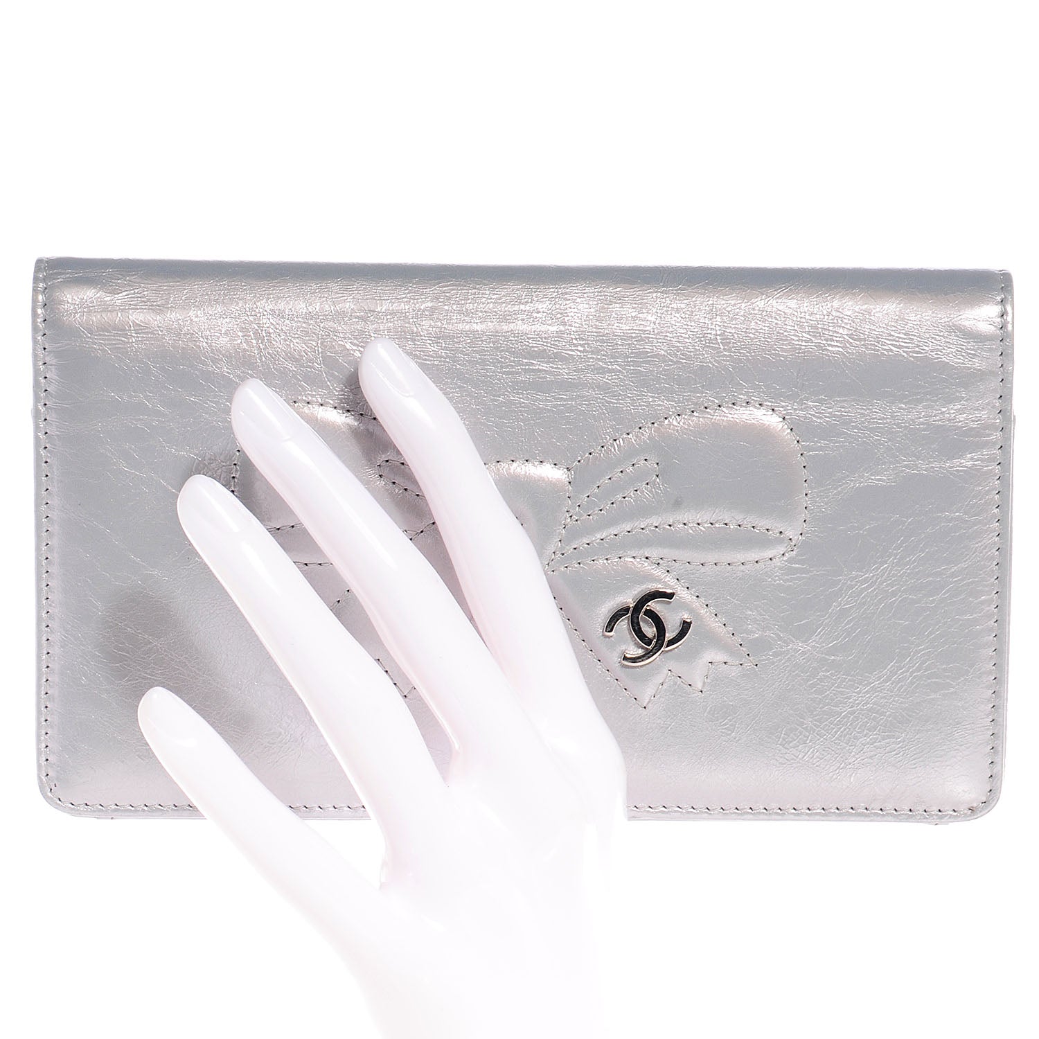 Chanel Leather CC Bow Wallet Metallic Silver 2 of 8