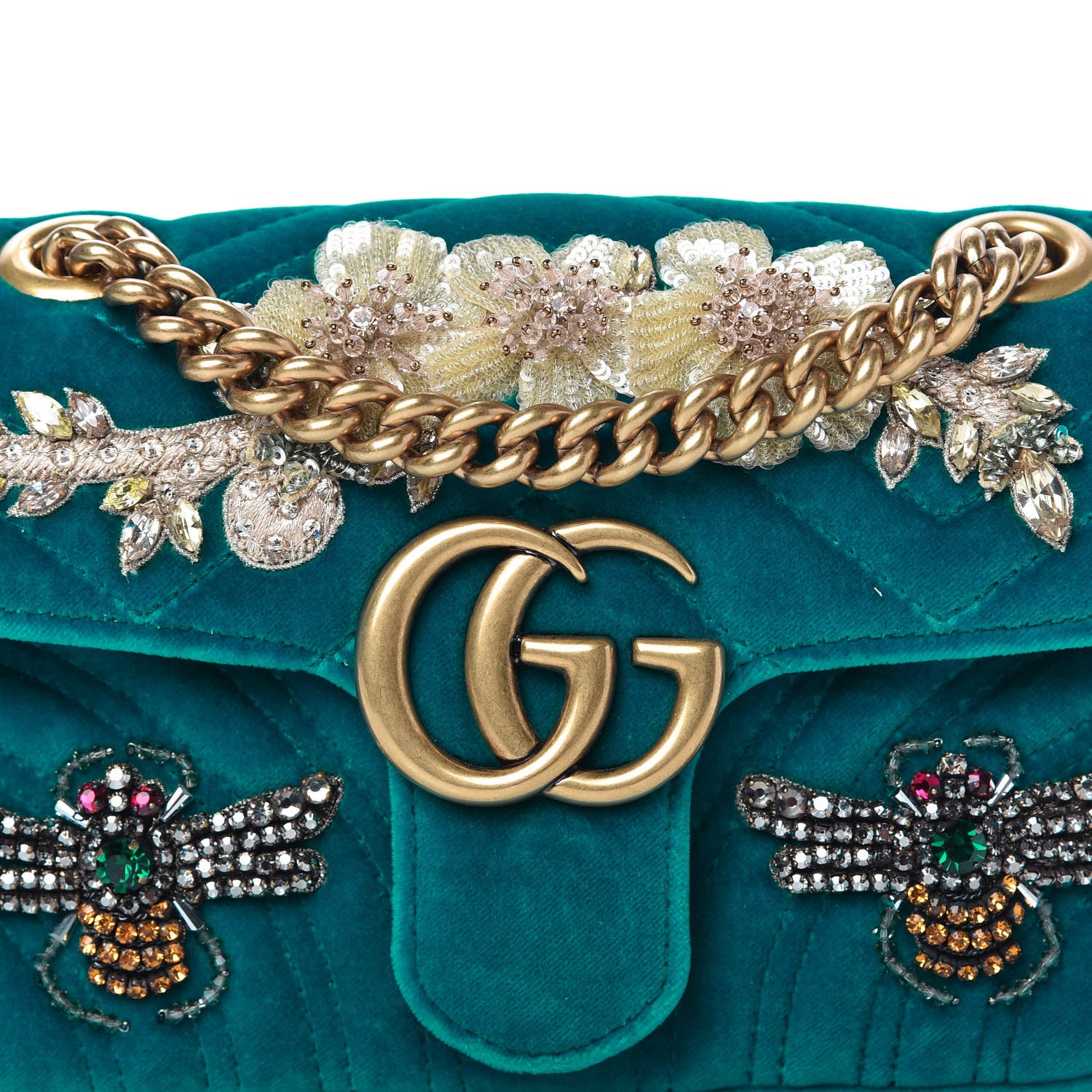 Gucci Velvet Matelasse Embroidered Mini GG Marmont Shoulder Bag Pavone Cyan 10 of 10