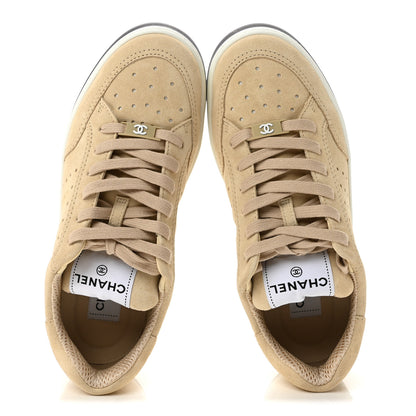 Chanel Suede Calfskin Logo Sneakers 38 Beige 2 of 10
