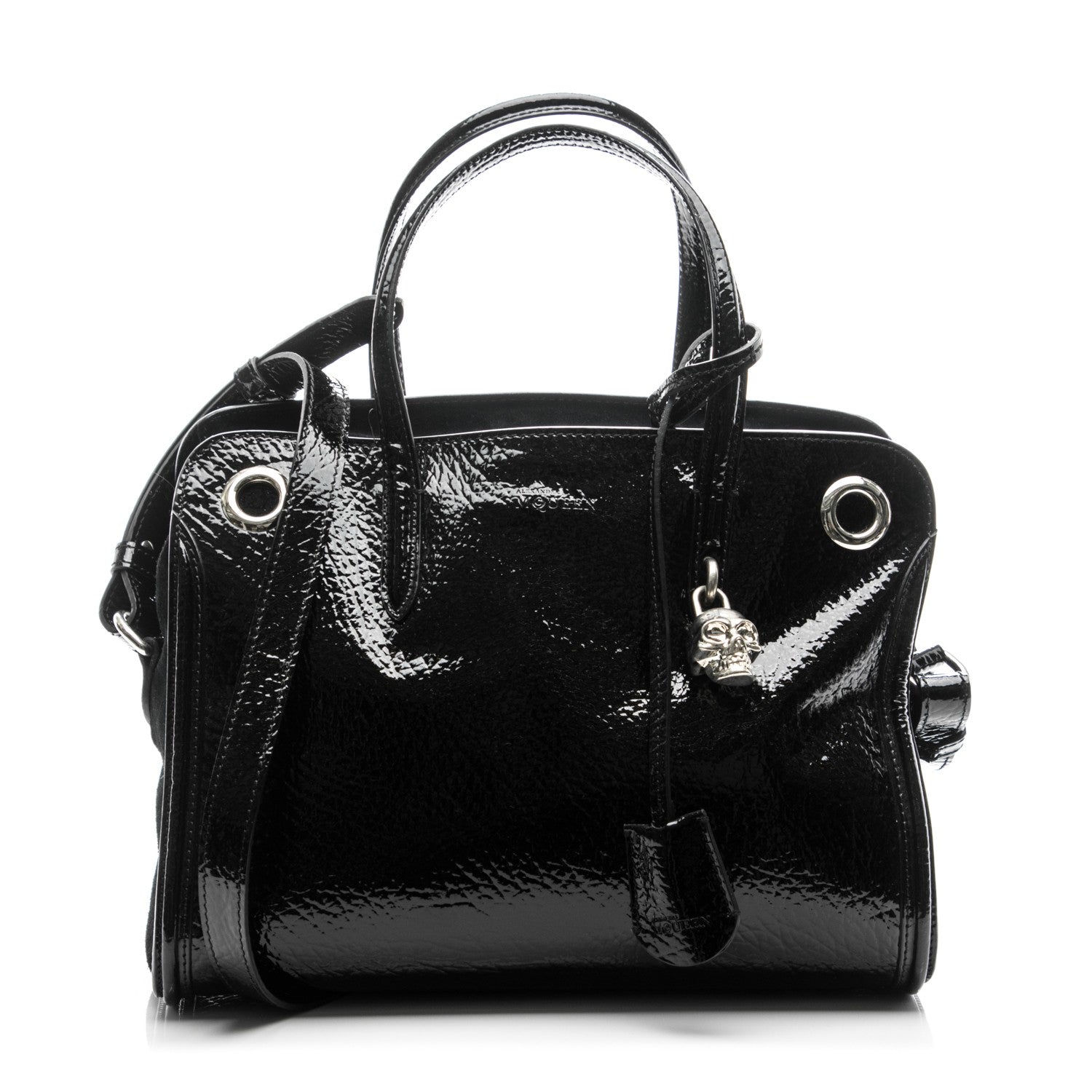 Alexander McQueen Patent Small Eyelet Padlock Skull Tote Black 1 of 7