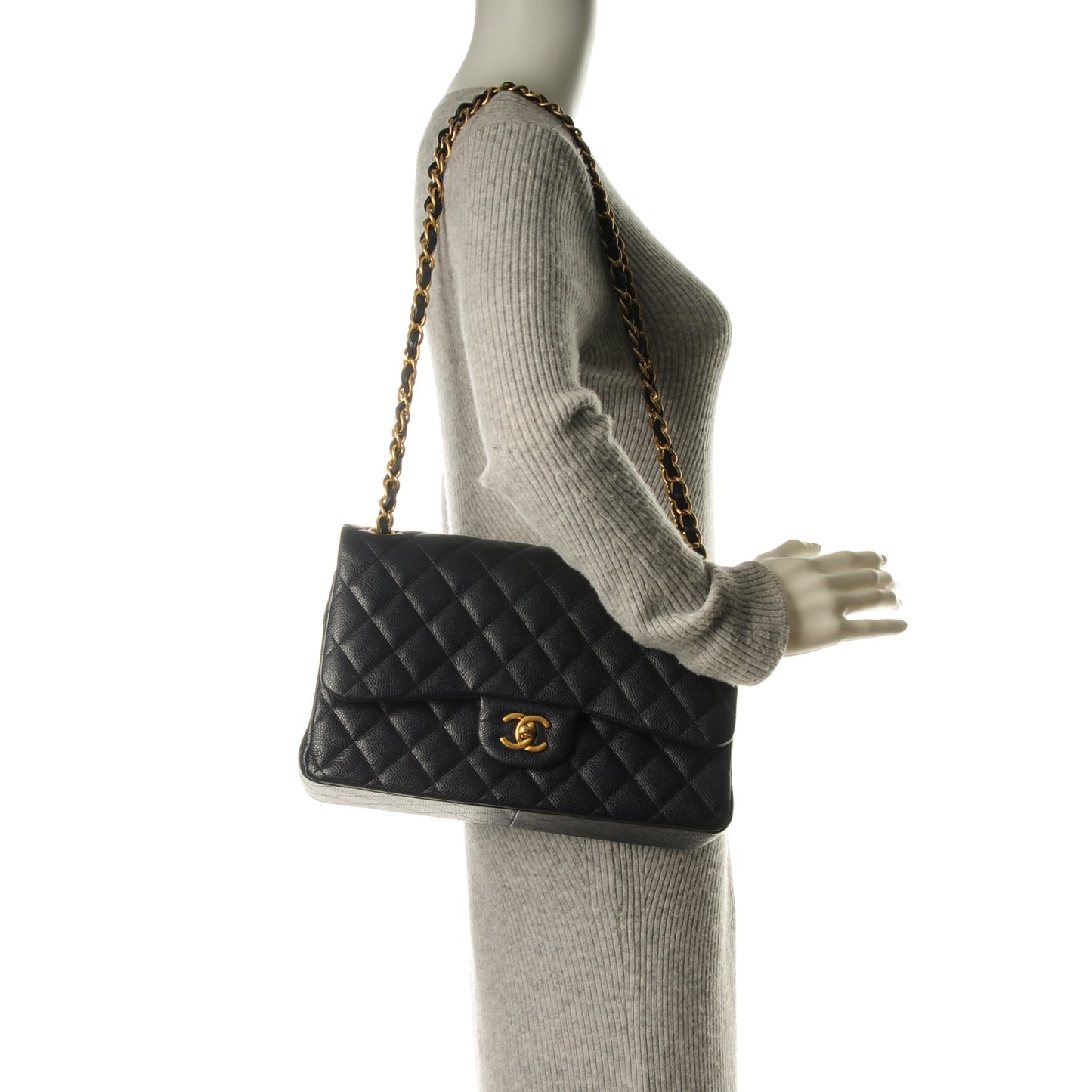 Caviar Quilted Jumbo Double Flap Navy Blue