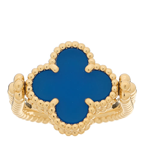 18K Yellow Gold Diamond Blue Agate Reversible Guilloche Vintage Alhambra Ring 50 5.25
