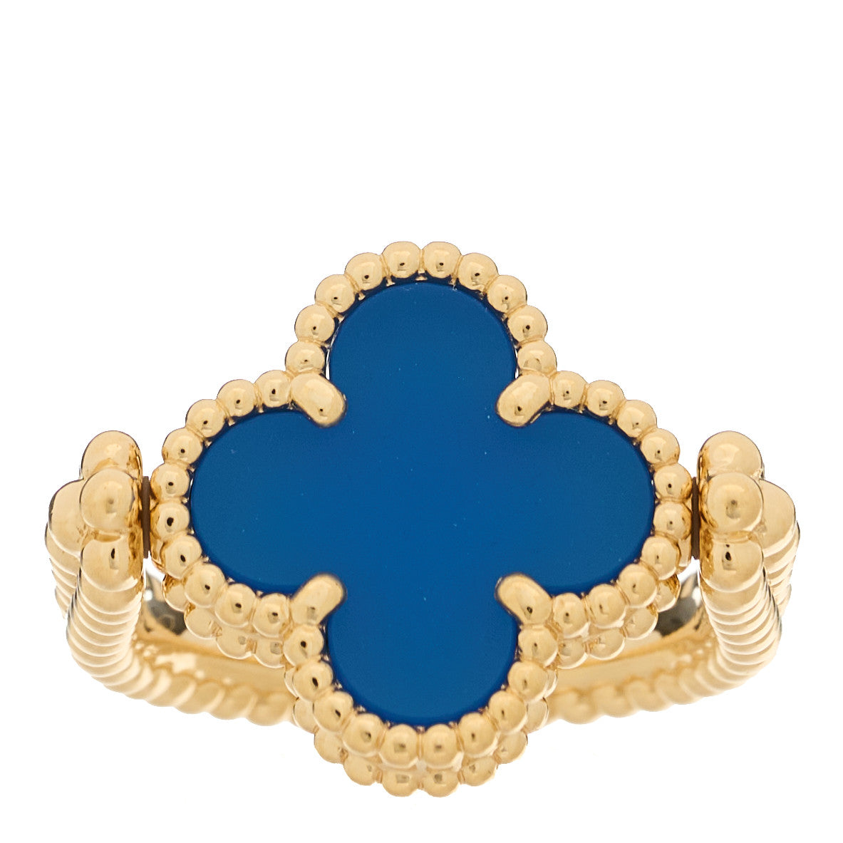 18K Yellow Gold Diamond Blue Agate Reversible Guilloche Vintage Alhambra Ring 50 5.25