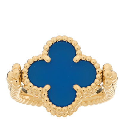 Van Cleef & Arpels 18K Yellow Gold Diamond Blue Agate Reversible Guilloche Vintage Alhambra Ring 50 5.25 1 of 5