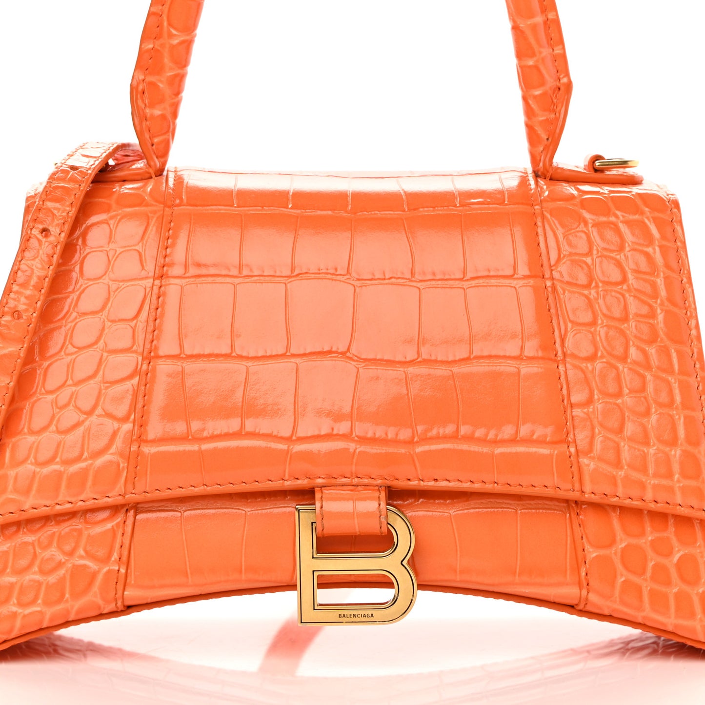 Shiny Calfskin Crocodile Embossed Small Hourglass Top Handle Bag Orange