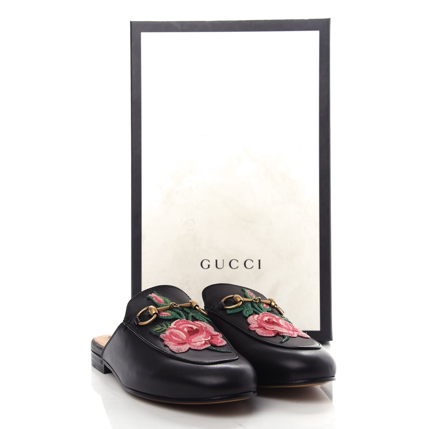 Calfskin Flower Embroidered Womens Princetown Slippers 35.5 Black