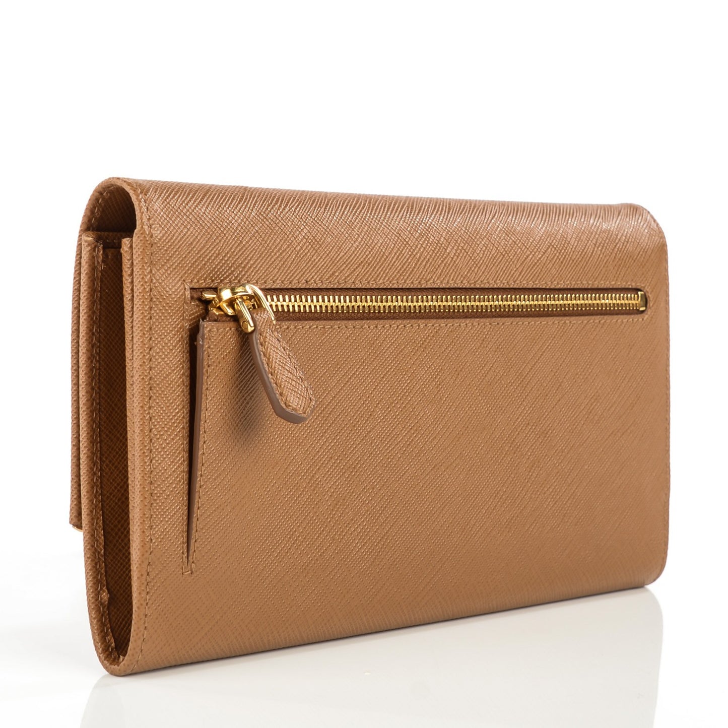Saffiano Metal Bar Flap Wallet Caramel