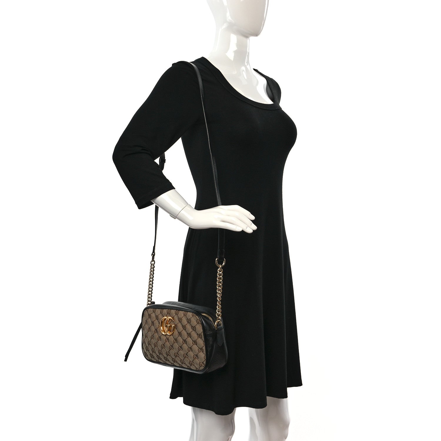 Gucci Monogram Matelasse Diagonal Small GG Marmont Chain Shoulder Bag Beige Black 2 of 12