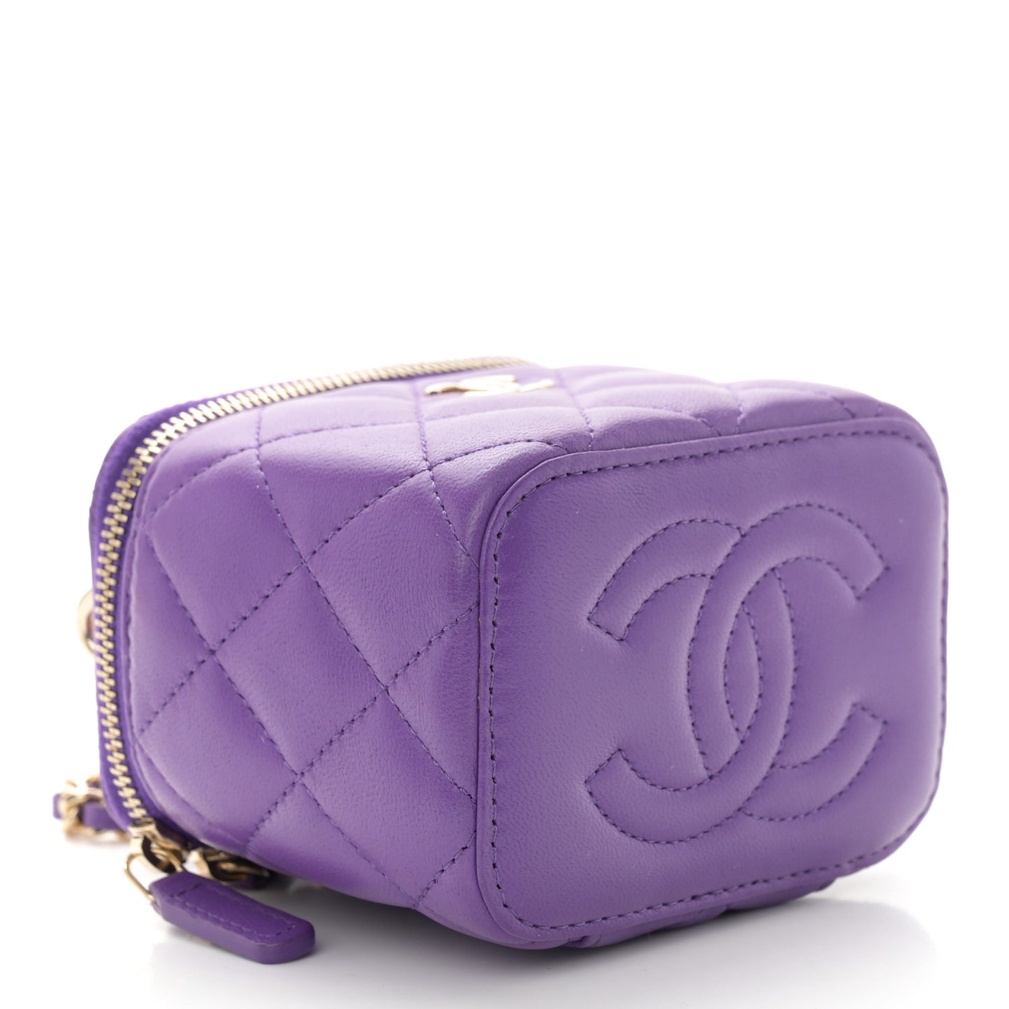 Lambskin Quilted Top Handle Mini Vanity Case With Chain Purple