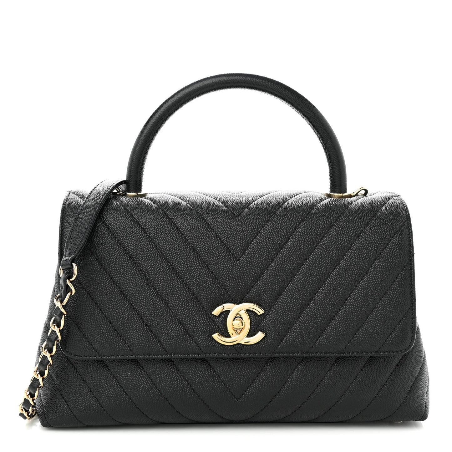 Caviar Chevron Quilted Small Coco Handle Flap Black