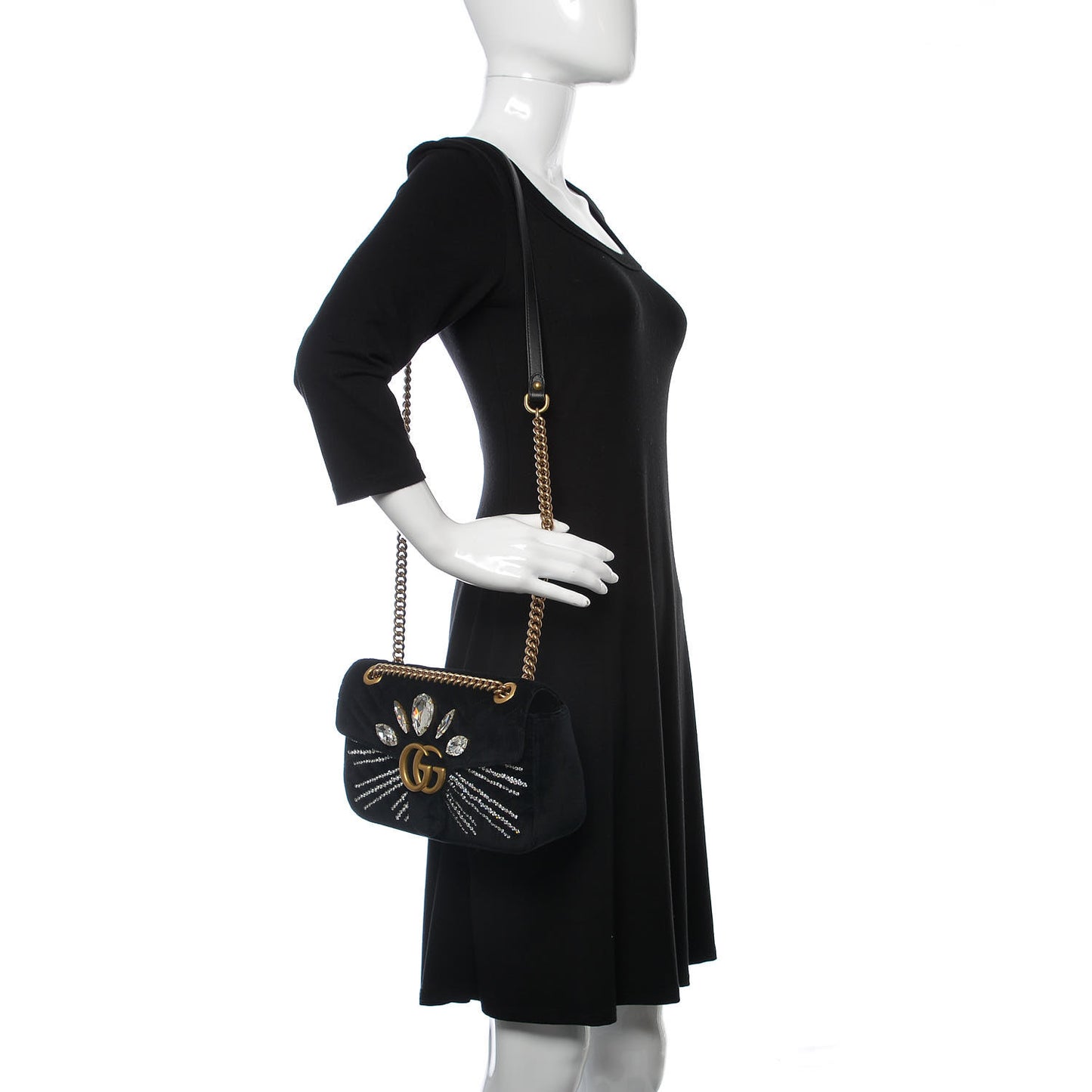Velvet Matelasse Marquise Crystals Embroidered Small GG Marmont Shoulder Bag Black