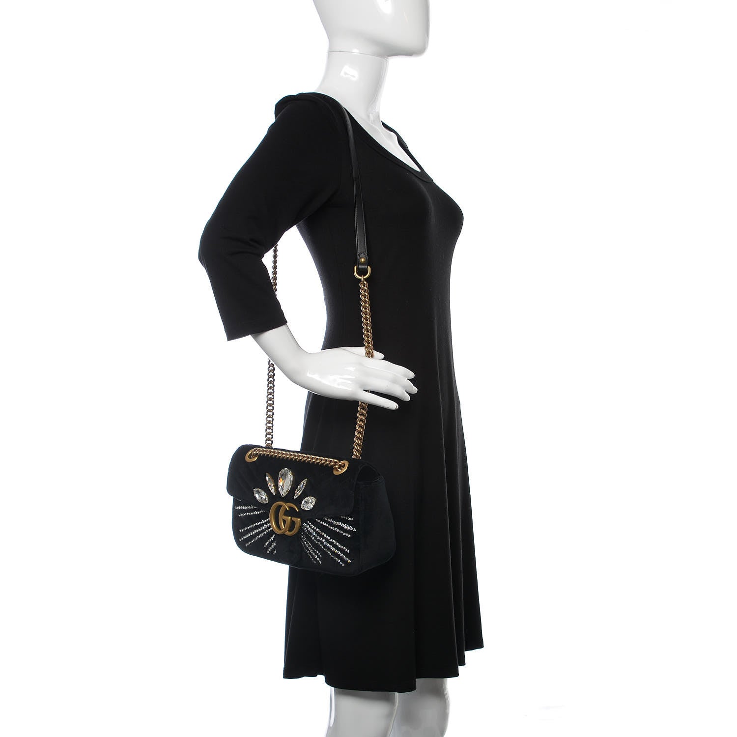 Gucci Velvet Matelasse Marquise Crystals Embroidered Small GG Marmont Shoulder Bag Black 2 of 7