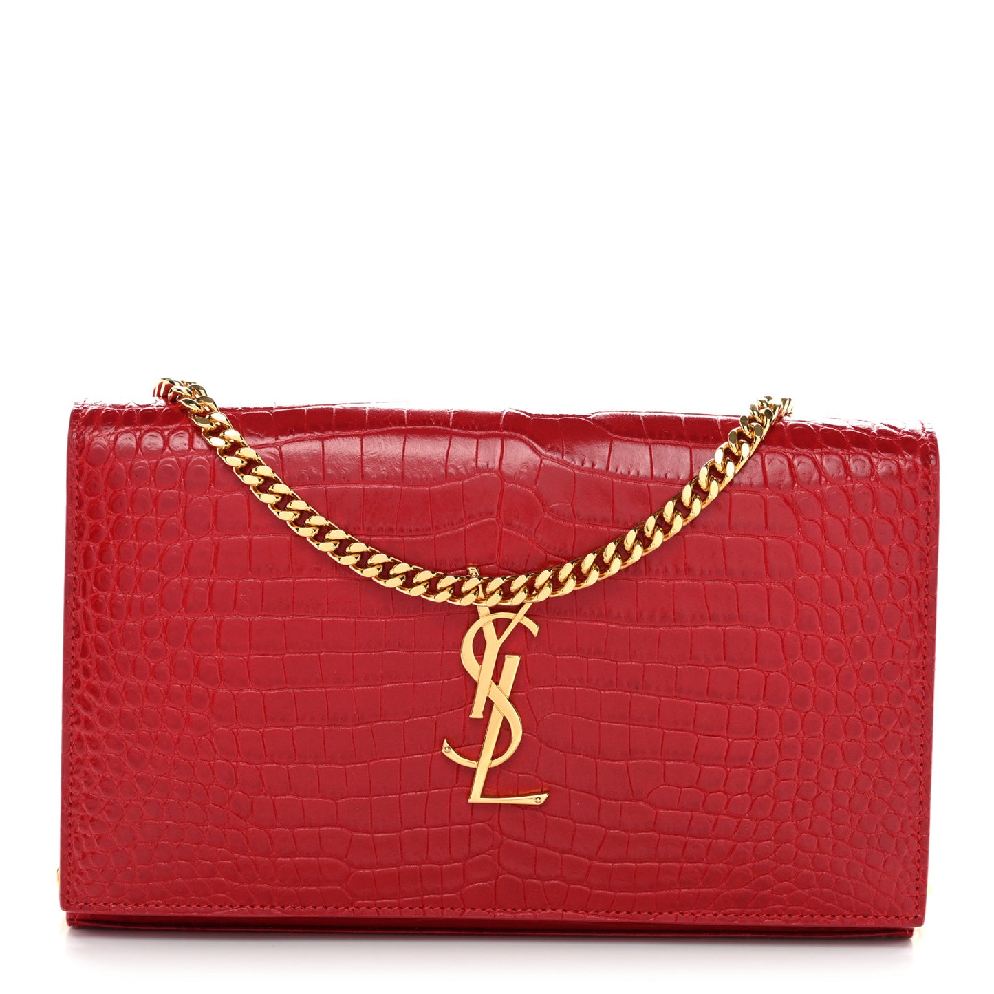 Calfskin Crocodile Embossed Monogram Chain Wallet New Lipstick Red