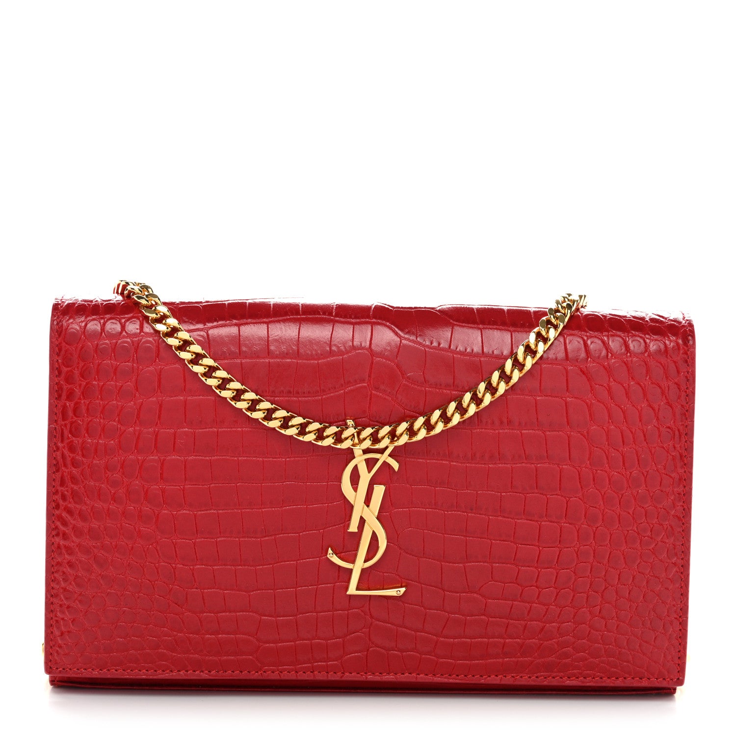 Saint Laurent Calfskin Crocodile Embossed Monogram Chain Wallet New Lipstick Red 1 of 13