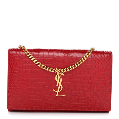 Saint Laurent Calfskin Crocodile Embossed Monogram Chain Wallet New Lipstick Red 1 of 13