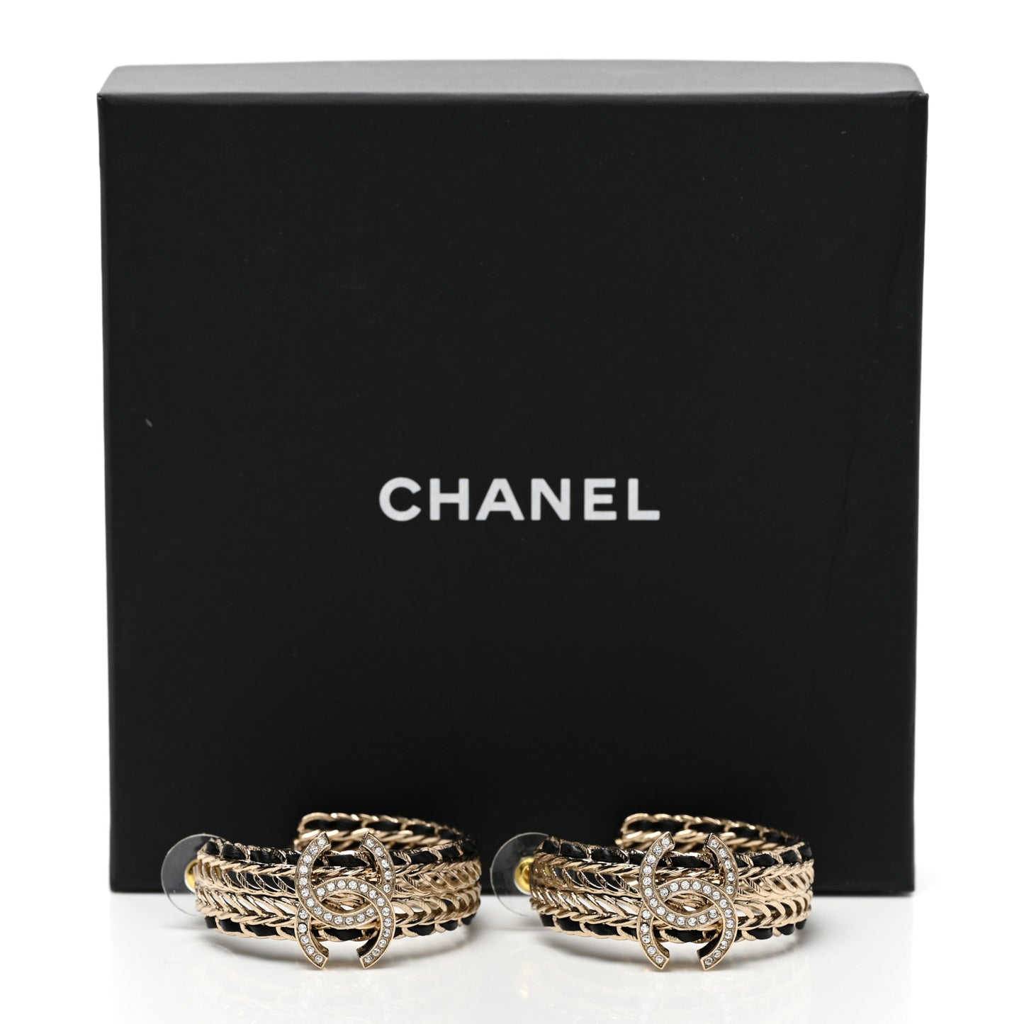 Crystal Lambskin CC Double Chain Hoop Earrings Gold Black