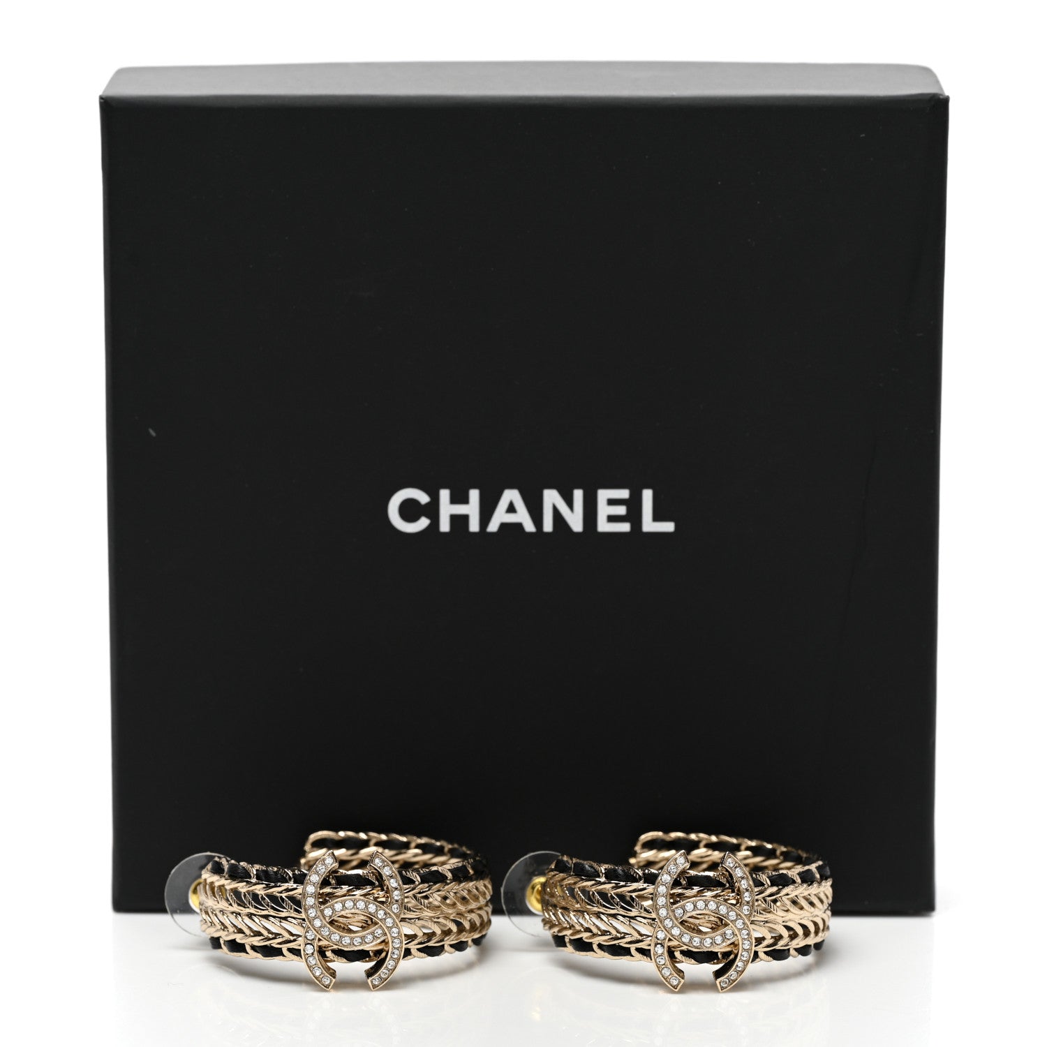Chanel Crystal Lambskin CC Double Chain Hoop Earrings Gold Black 5 of 5