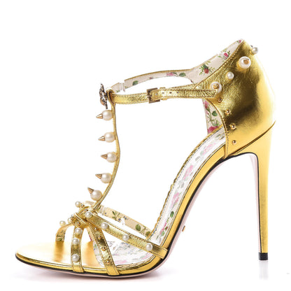 Gucci Metallic Nappa Silk Pearl Studded Regina T-Strap High Heel Sandals 40 Oro Vecchio 1 of 8