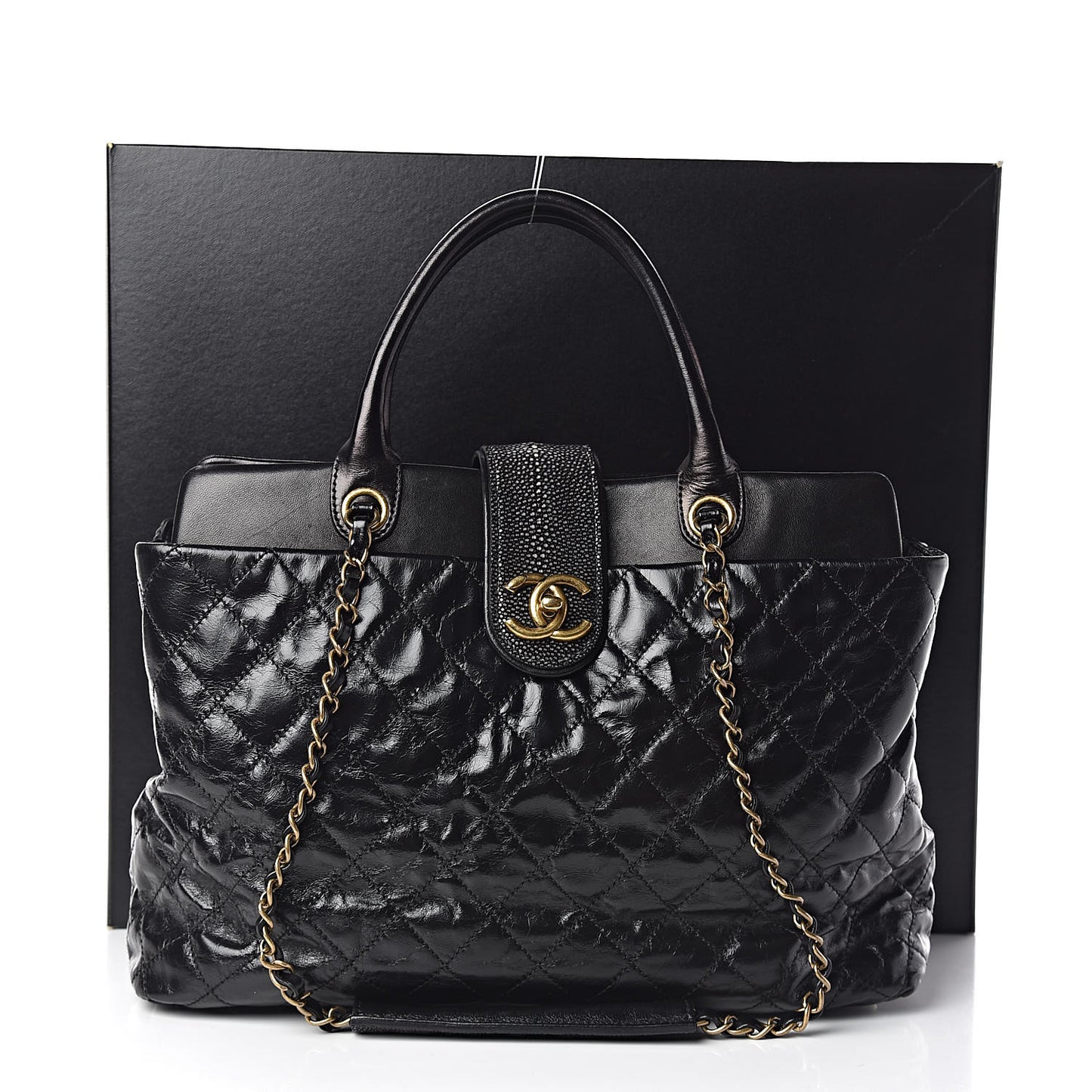 Glazed Calfskin Stingray Large Bindi CC Tote Black