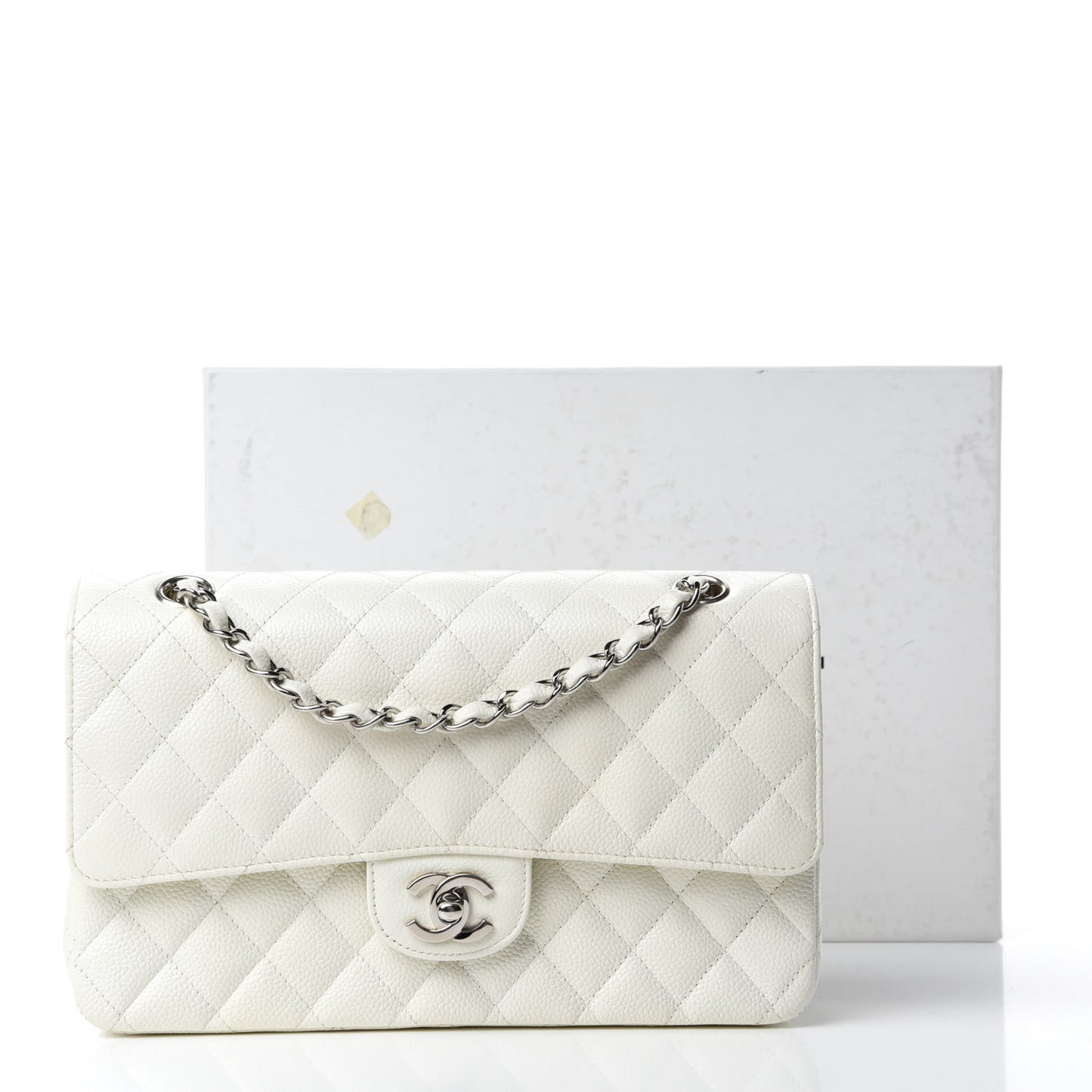 Caviar Quilted Medium Double Flap White