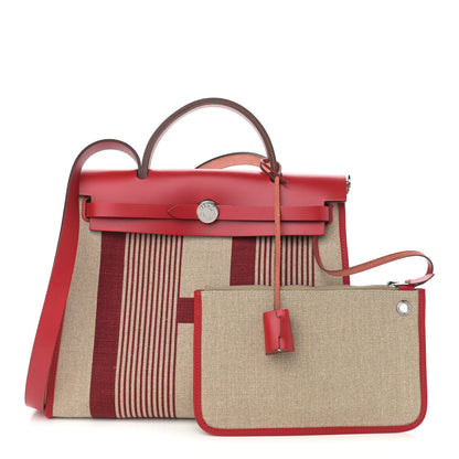 Hermes Vache Hunter Toile H Vibration Herbag Zip 31 PM Bordeaux Ficelle Rouge Piment 1 of 12