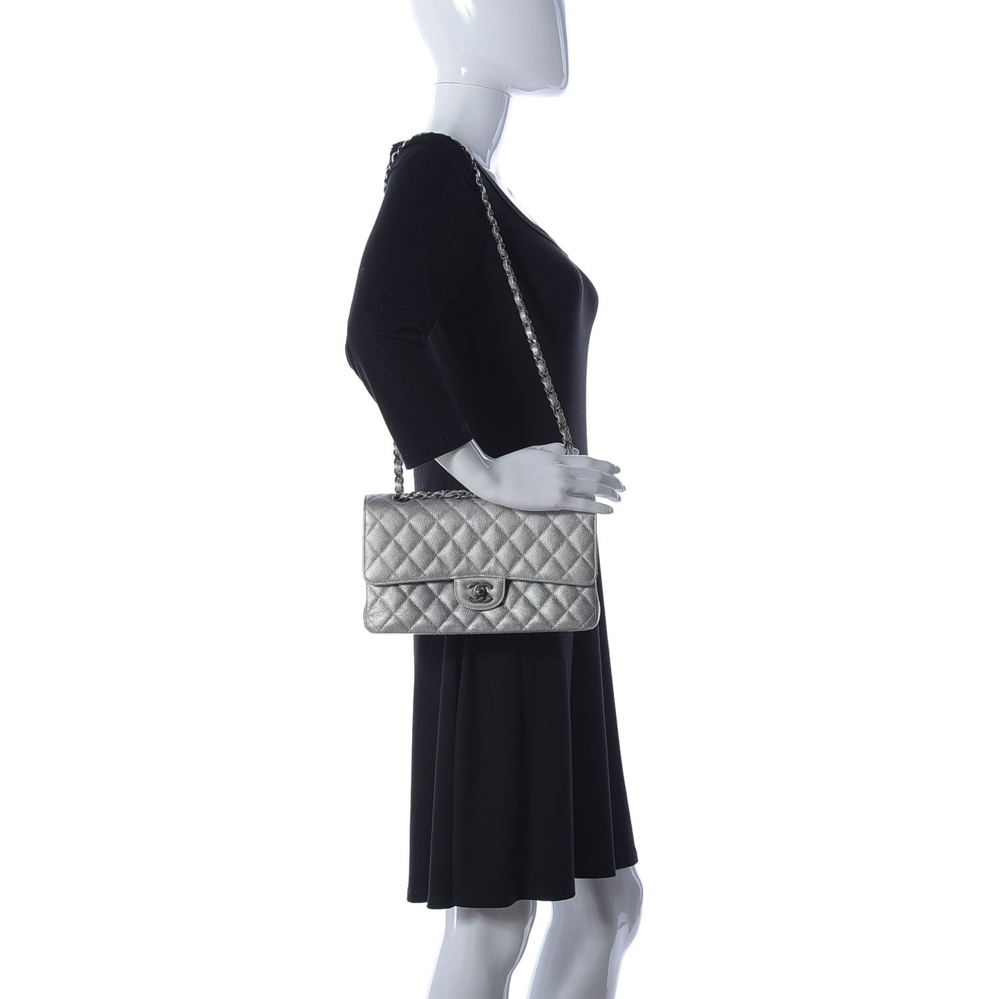 Metallic Caviar Quilted Medium Double Flap Silver