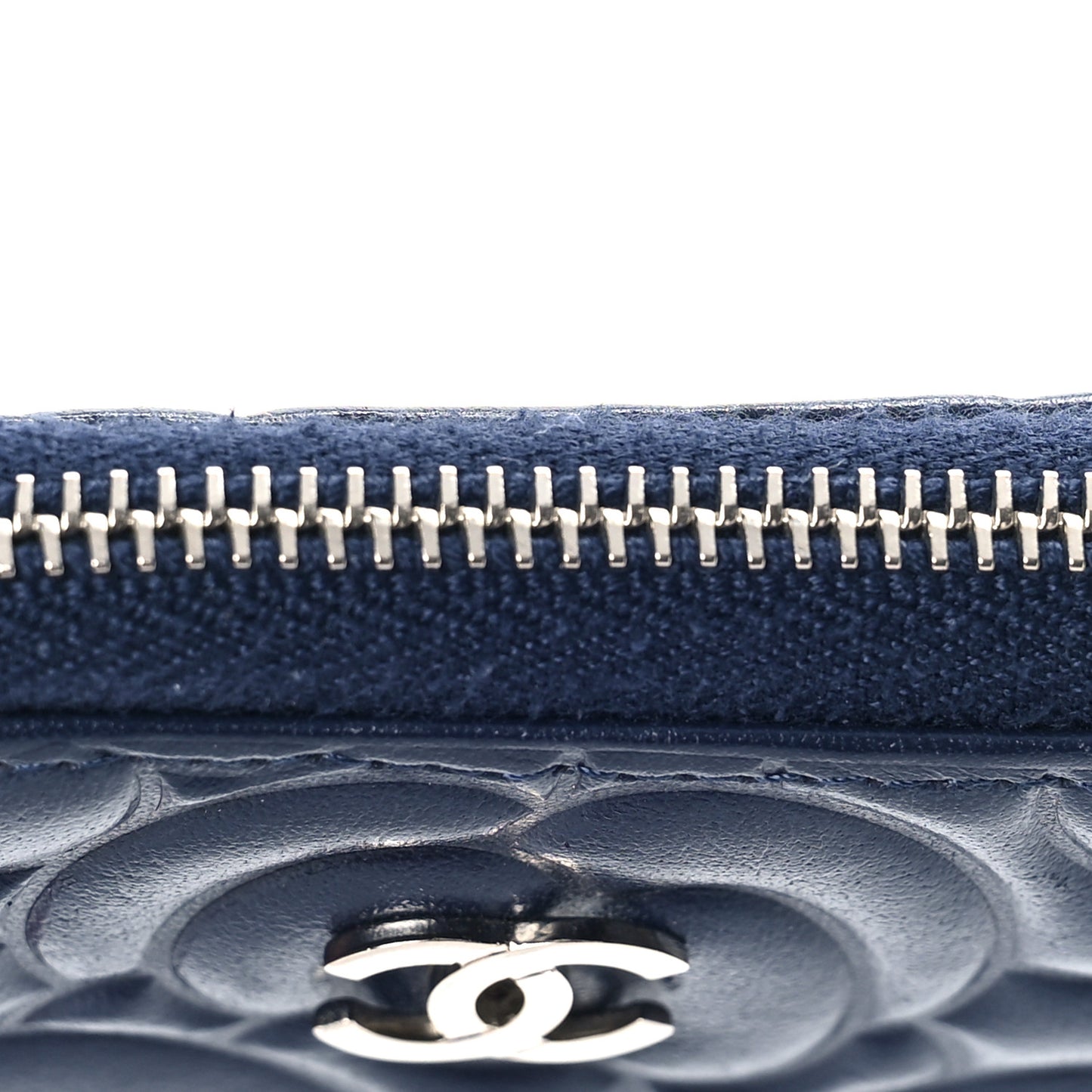 Lambskin Camellia Embossed Zip Coin Purse Navy