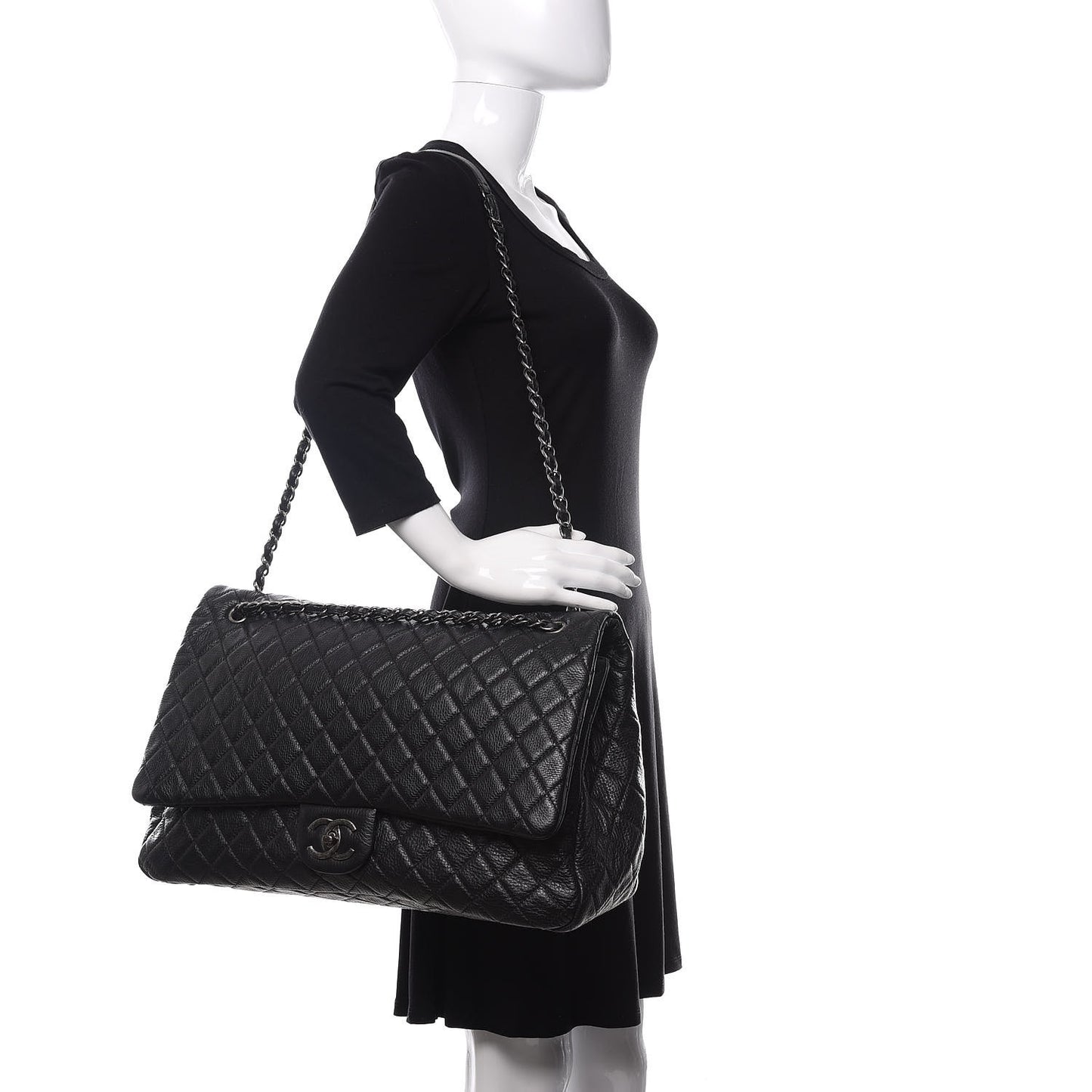 Calfskin Quilted XXL Travel Flap Bag Black