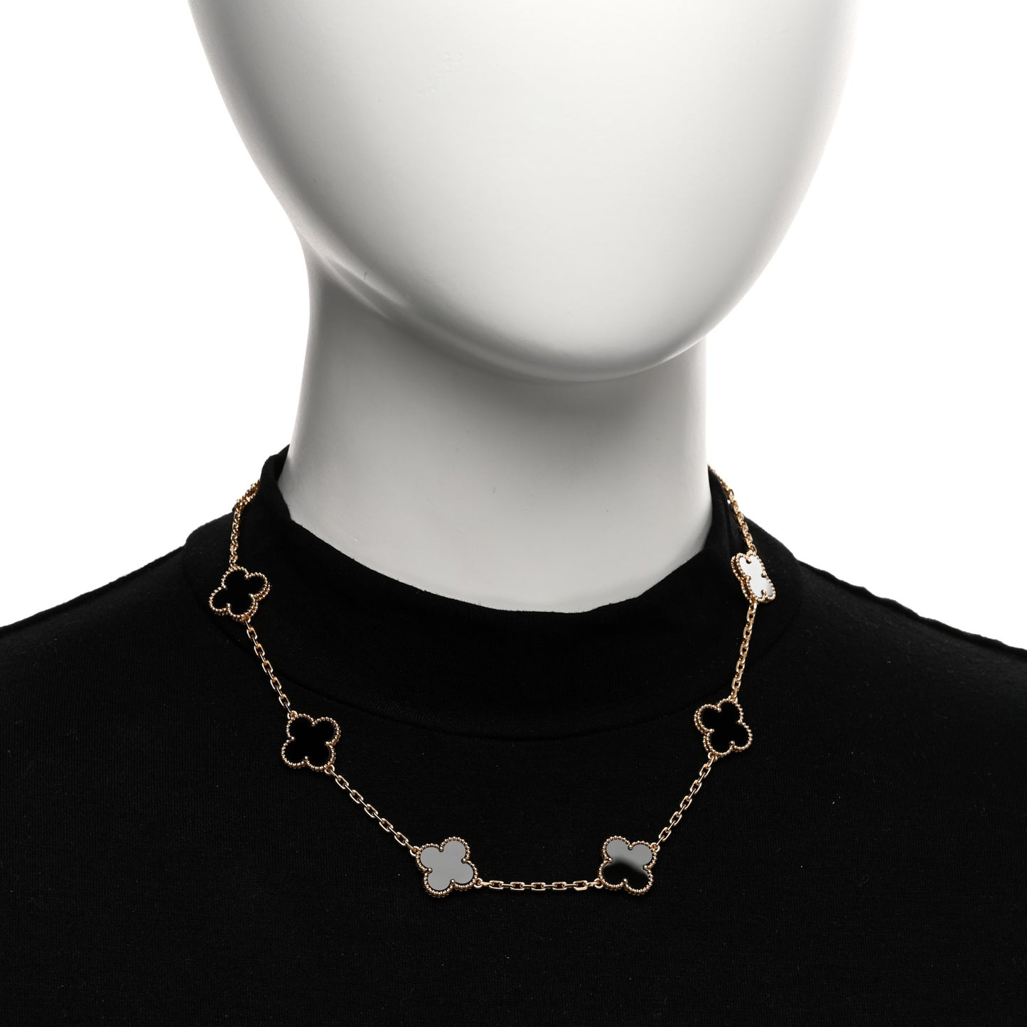 18K Yellow Gold Black Onyx 10 Motifs Vintage Alhambra Necklace