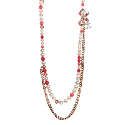 Chanel Pearl Crystal Bow Long Necklace Gold Red 1 of 5